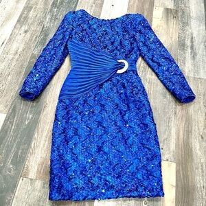 Vintage 80s George F. Couture Esther Wolf Blue Evening Gown Pleated Dress Sz 6